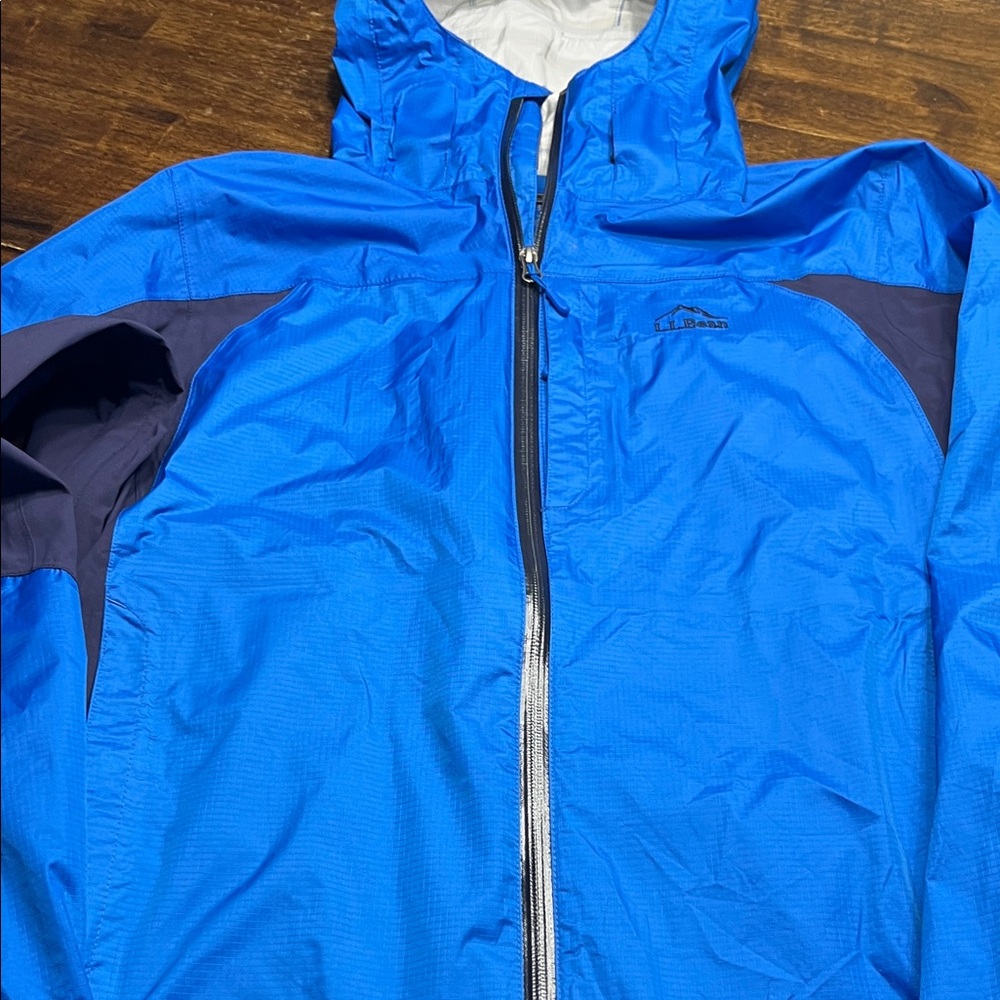 L.L. Bean Bright Blue Hooded Windbreaker with Navy Accents